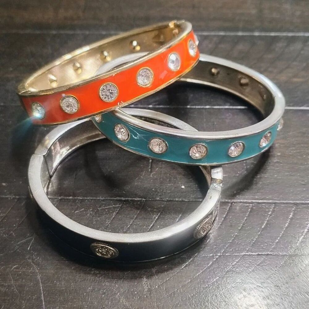 3 Piece Stackable Oval Bangle Bracelet Set Rhinestones Enamel Black Orange Aqua
